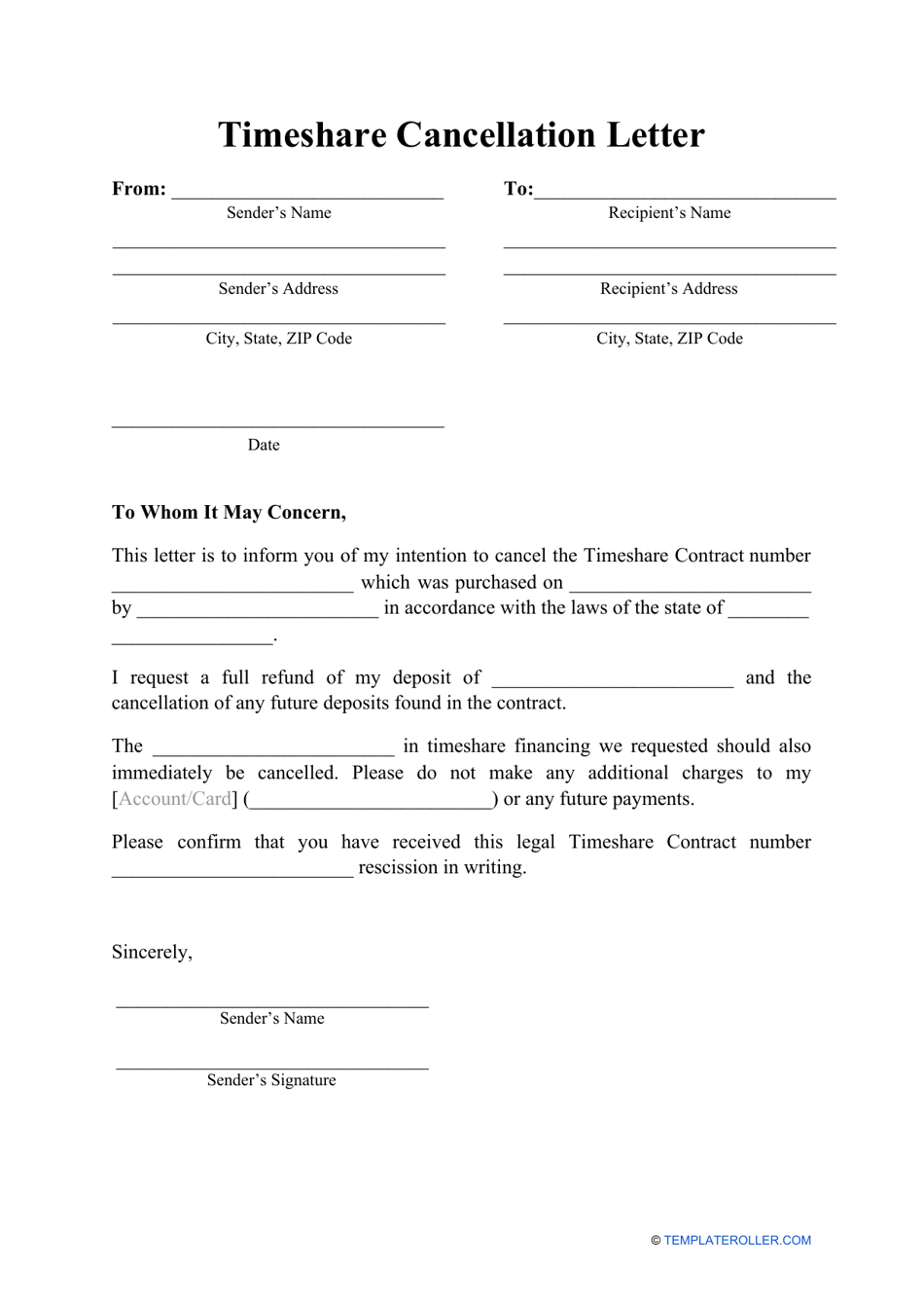 Timeshare Cancellation Letter Template Download Printable PDF 