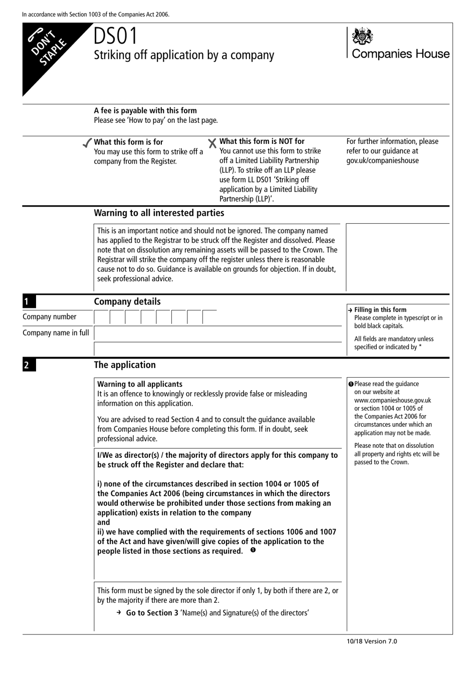 Form DS01 Striking off Application by a Company - United Kingdom, Page 1