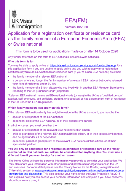 Form EEA(FM) Application for a Registration Certificate or Residence Card as the Family Member of a European Economic Area (Eea) or Swiss National - United Kingdom