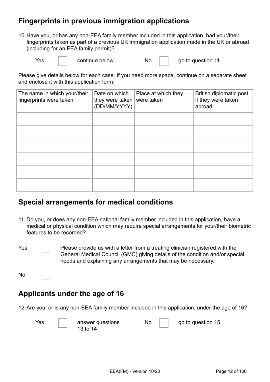 Form EEA(FM) Application for a Registration Certificate or Residence Card as the Family Member of a European Economic Area (Eea) or Swiss National - United Kingdom, Page 12