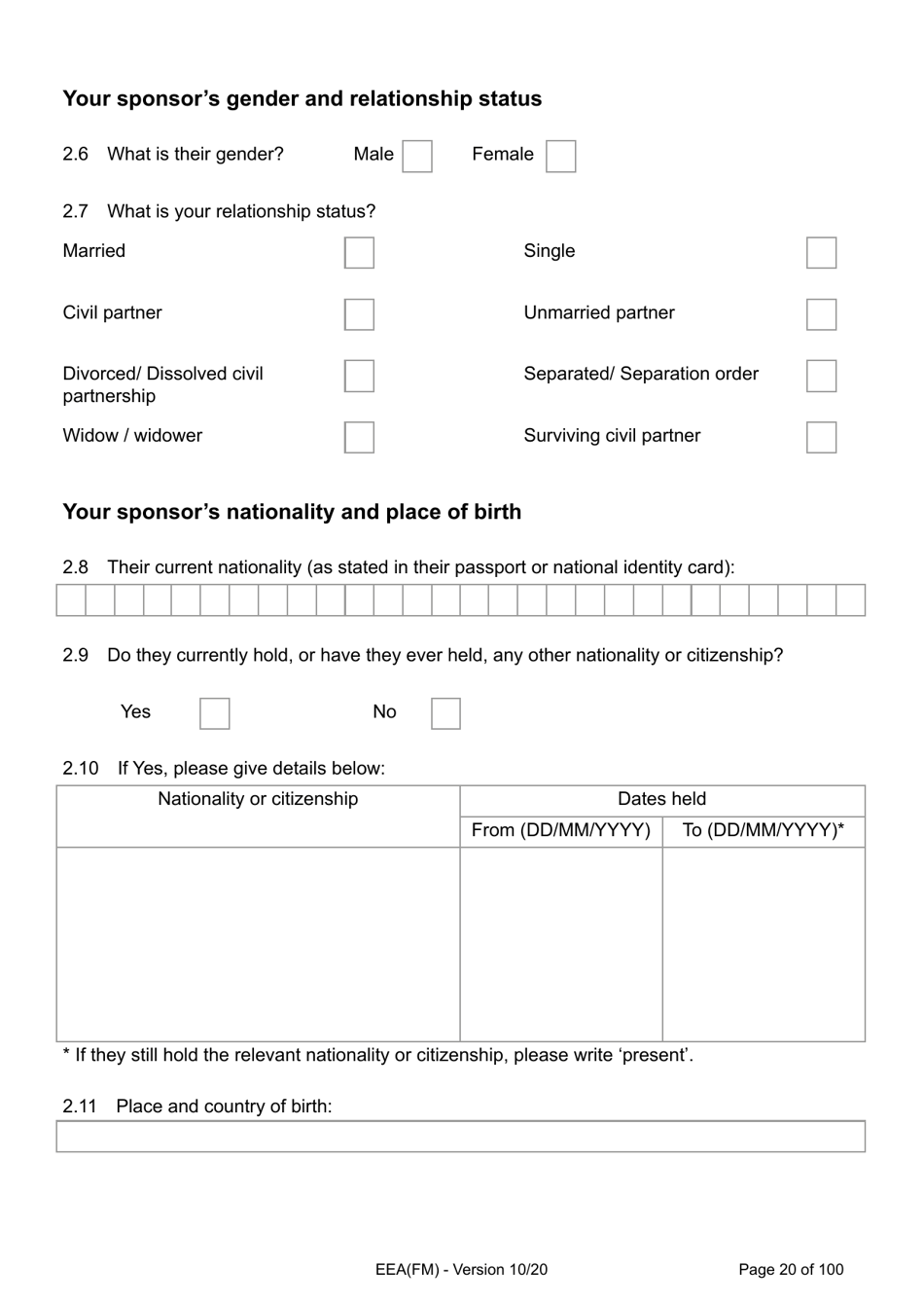 Form EEA(FM) Application for a Registration Certificate or Residence Card as the Family Member of a European Economic Area (Eea) or Swiss National - United Kingdom, Page 20