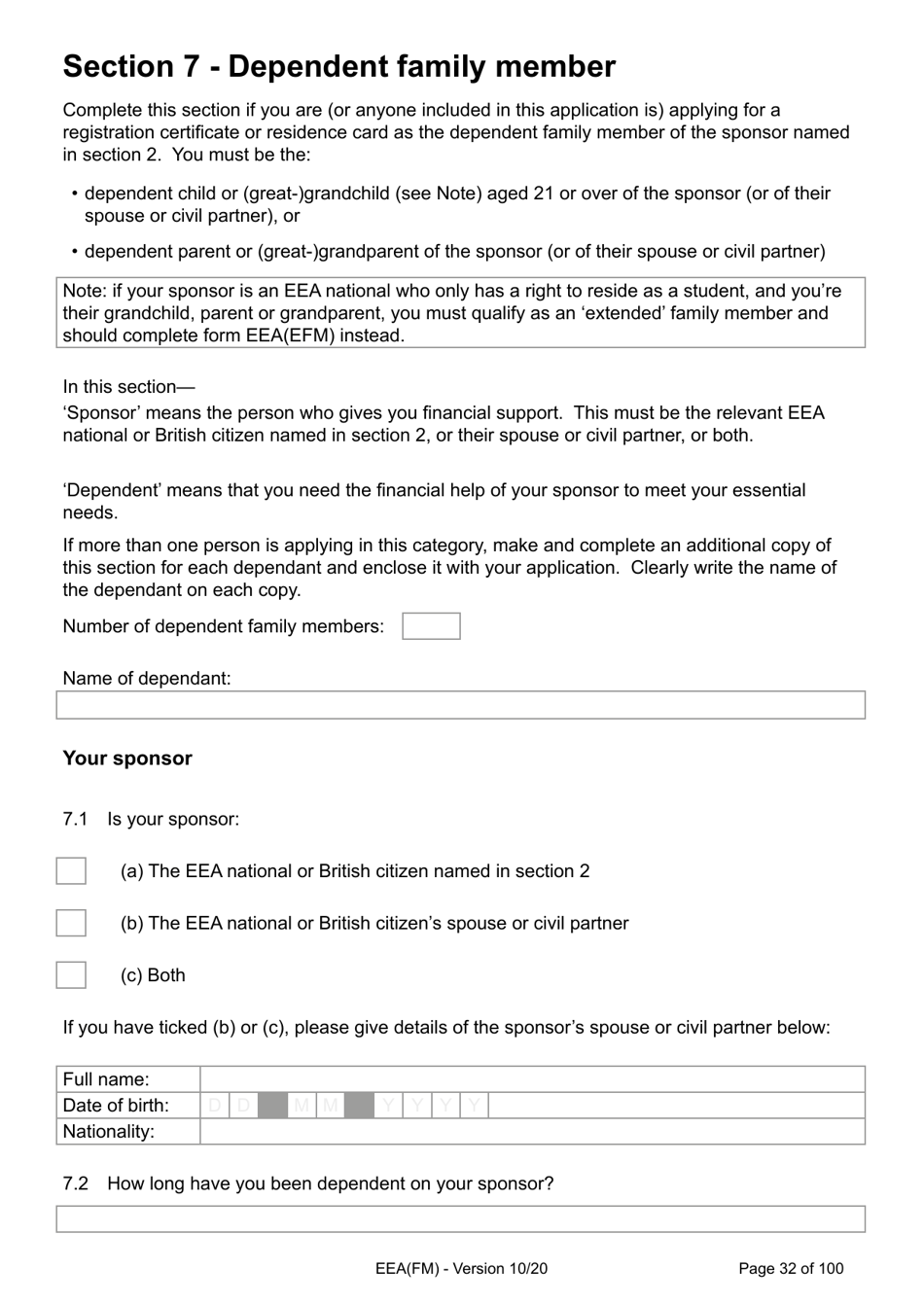Form EEA(FM) Application for a Registration Certificate or Residence Card as the Family Member of a European Economic Area (Eea) or Swiss National - United Kingdom, Page 32