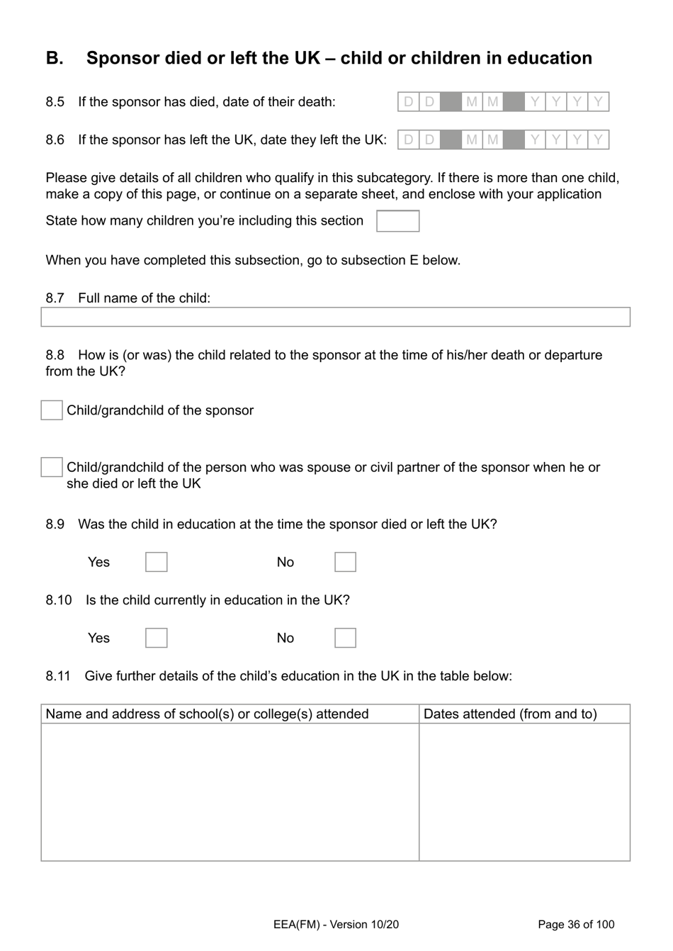 Form EEA(FM) Application for a Registration Certificate or Residence Card as the Family Member of a European Economic Area (Eea) or Swiss National - United Kingdom, Page 36