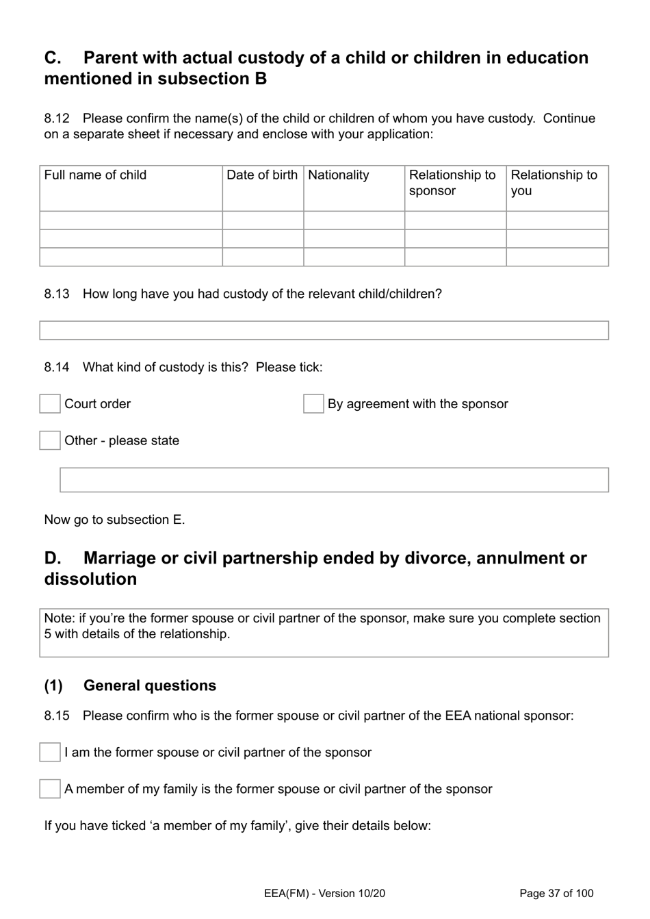 Form EEA(FM) Application for a Registration Certificate or Residence Card as the Family Member of a European Economic Area (Eea) or Swiss National - United Kingdom, Page 37