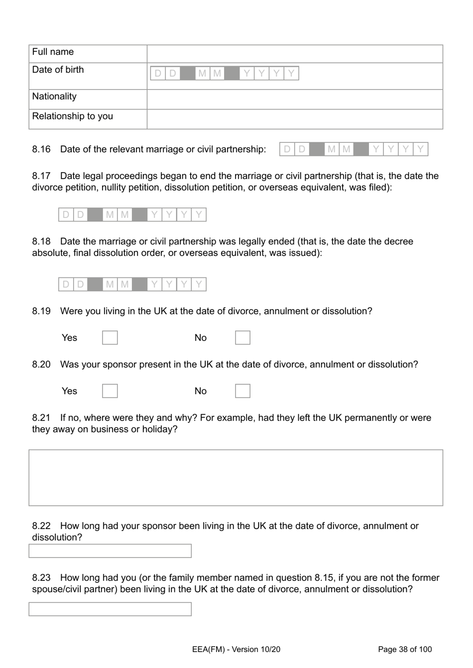 Form EEA(FM) Application for a Registration Certificate or Residence Card as the Family Member of a European Economic Area (Eea) or Swiss National - United Kingdom, Page 38