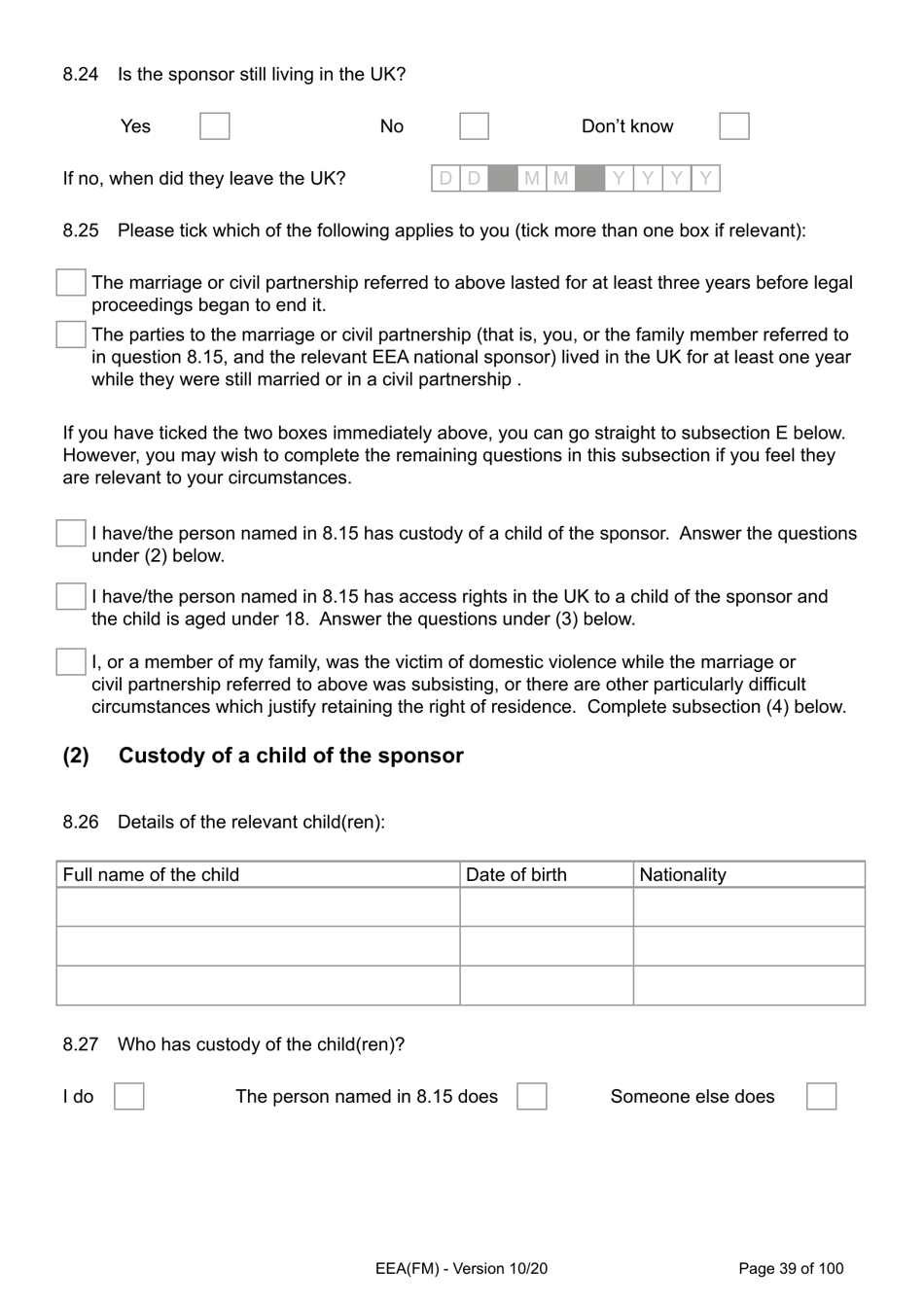 Form EEA(FM) Application for a Registration Certificate or Residence Card as the Family Member of a European Economic Area (Eea) or Swiss National - United Kingdom, Page 39