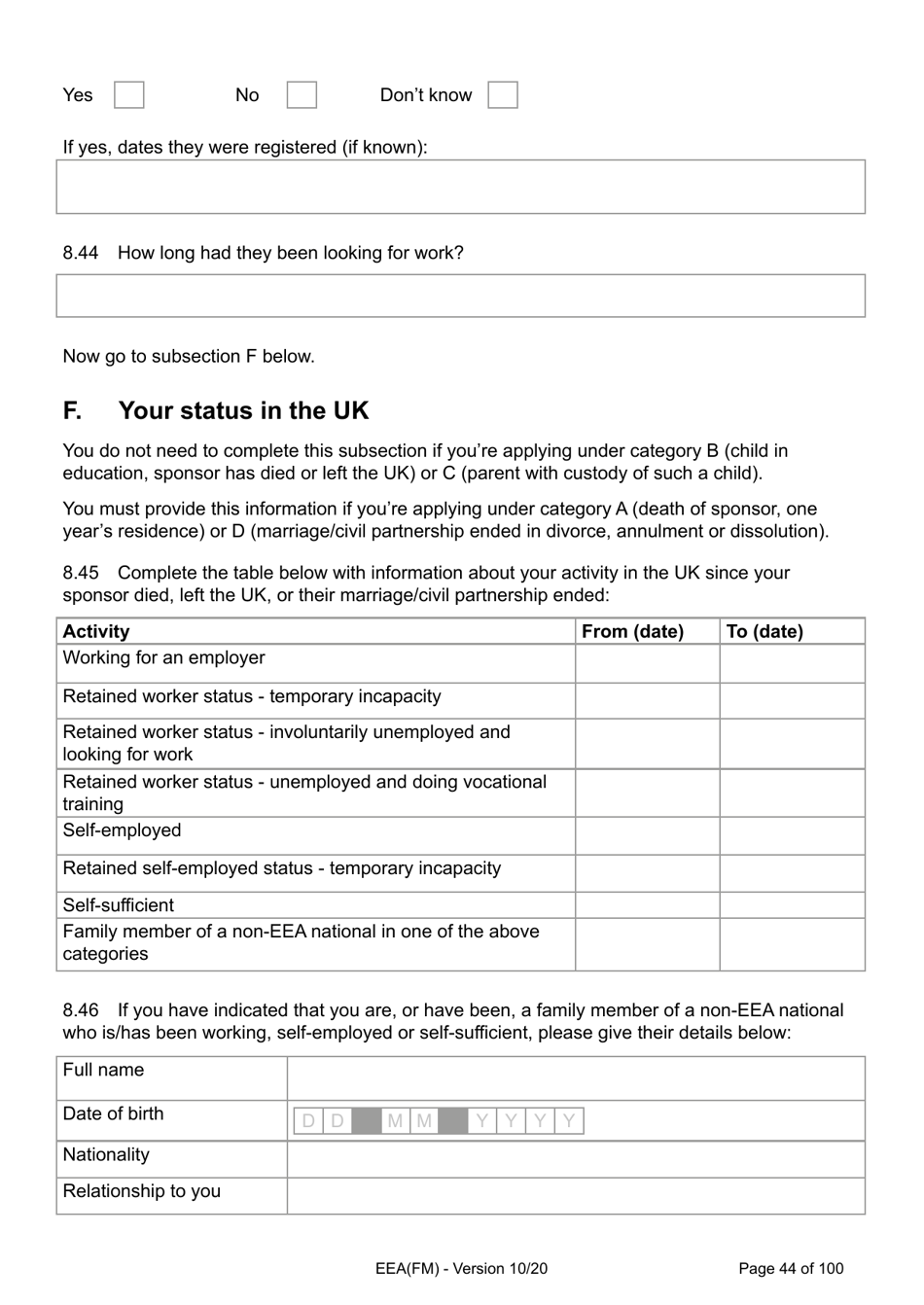 Form EEA(FM) Application for a Registration Certificate or Residence Card as the Family Member of a European Economic Area (Eea) or Swiss National - United Kingdom, Page 44