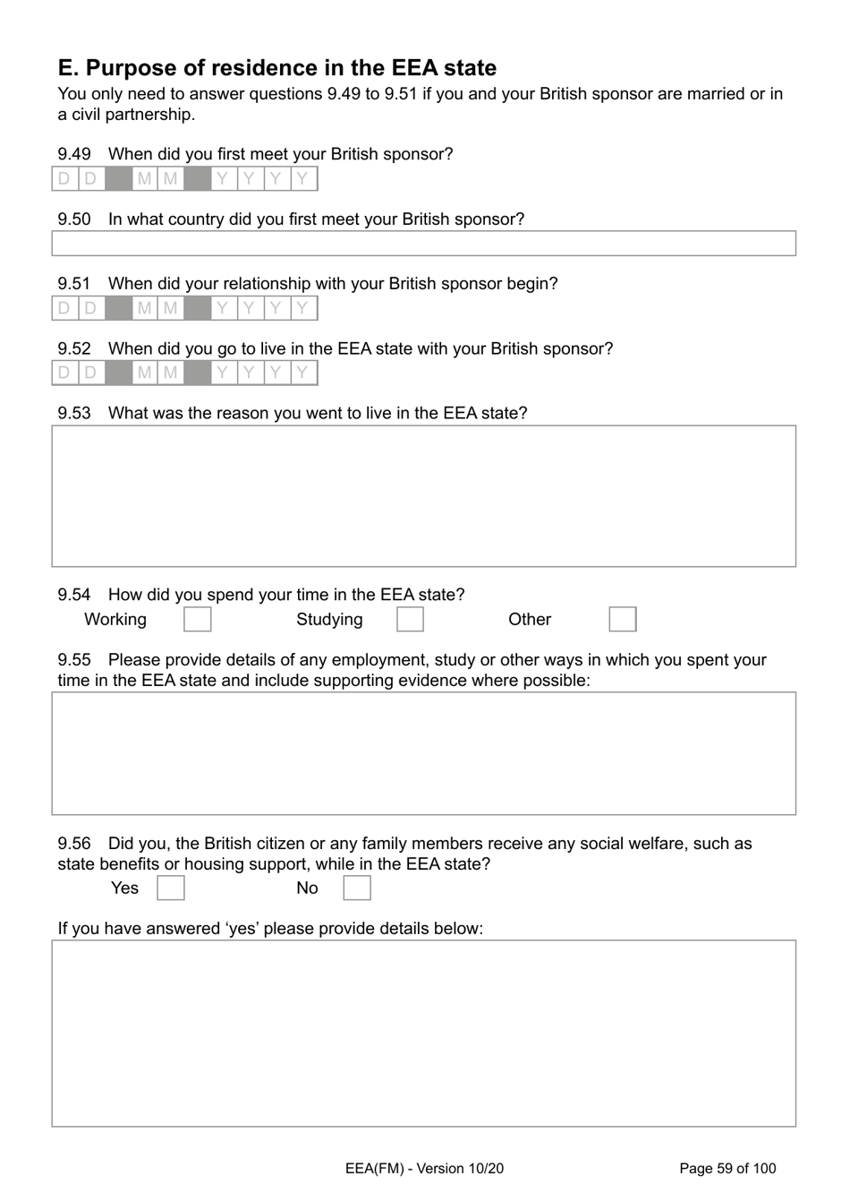 Form EEA(FM) Application for a Registration Certificate or Residence Card as the Family Member of a European Economic Area (Eea) or Swiss National - United Kingdom, Page 59