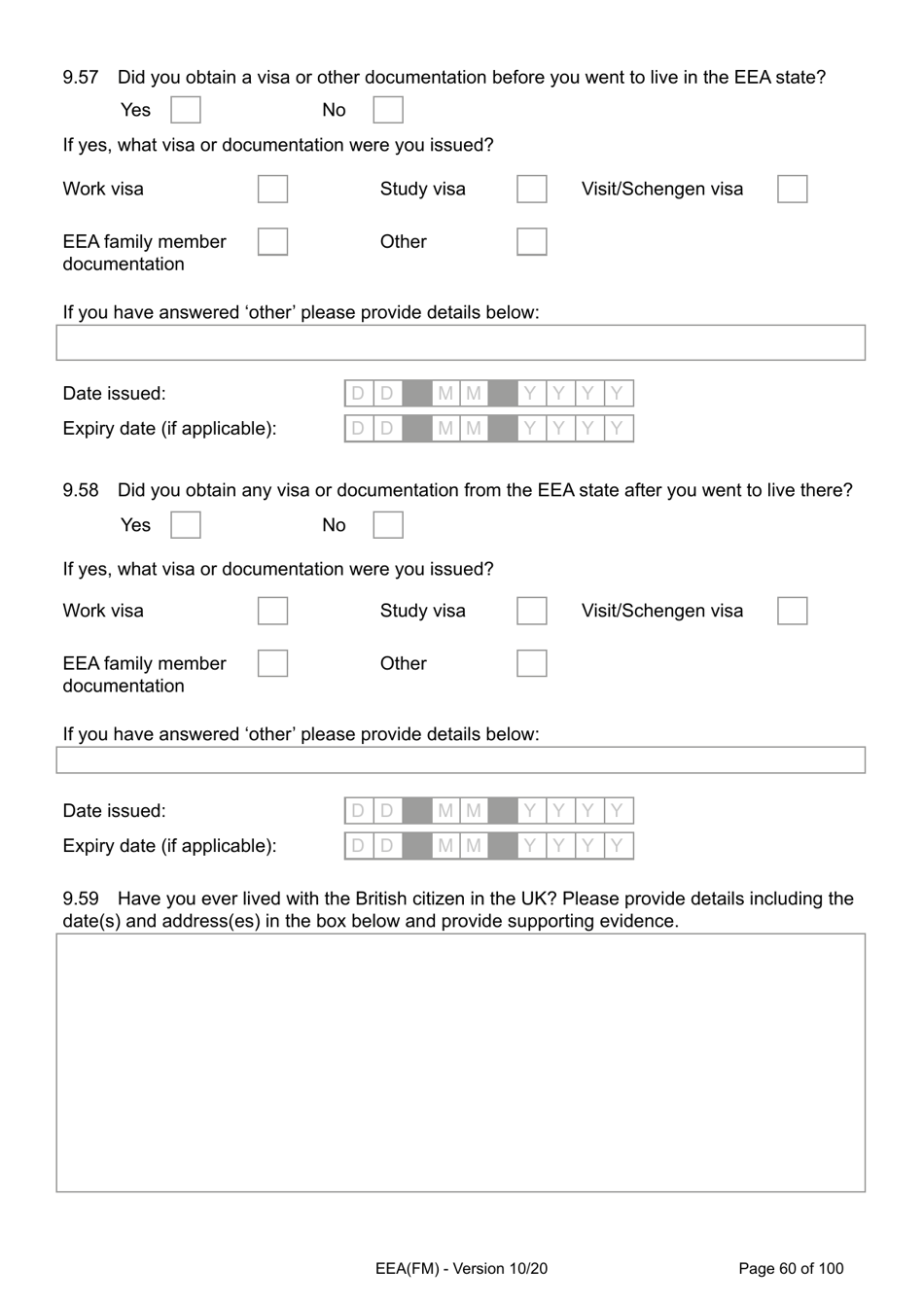 Form EEA(FM) Application for a Registration Certificate or Residence Card as the Family Member of a European Economic Area (Eea) or Swiss National - United Kingdom, Page 60