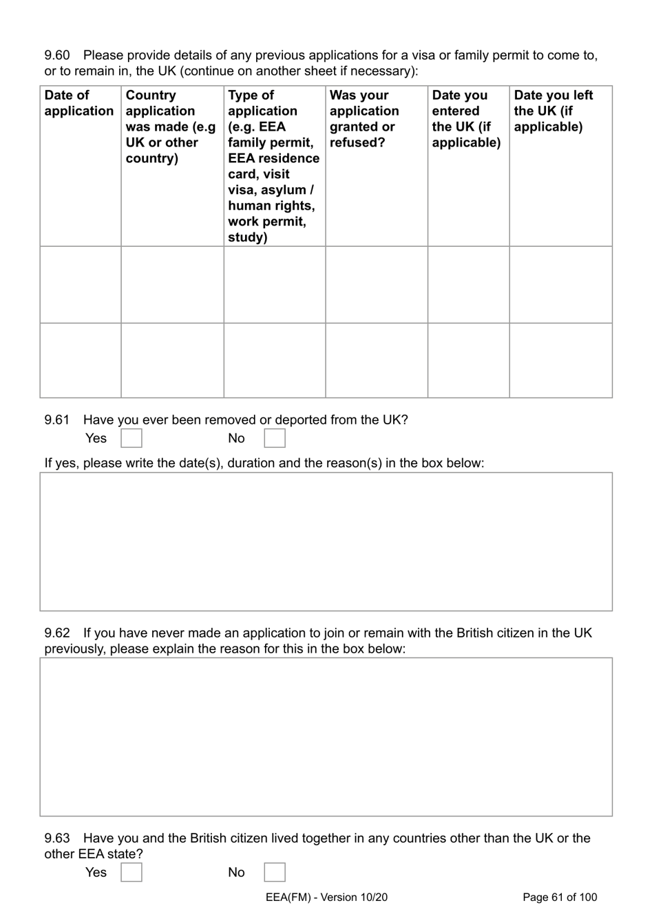 Form EEA(FM) Application for a Registration Certificate or Residence Card as the Family Member of a European Economic Area (Eea) or Swiss National - United Kingdom, Page 61