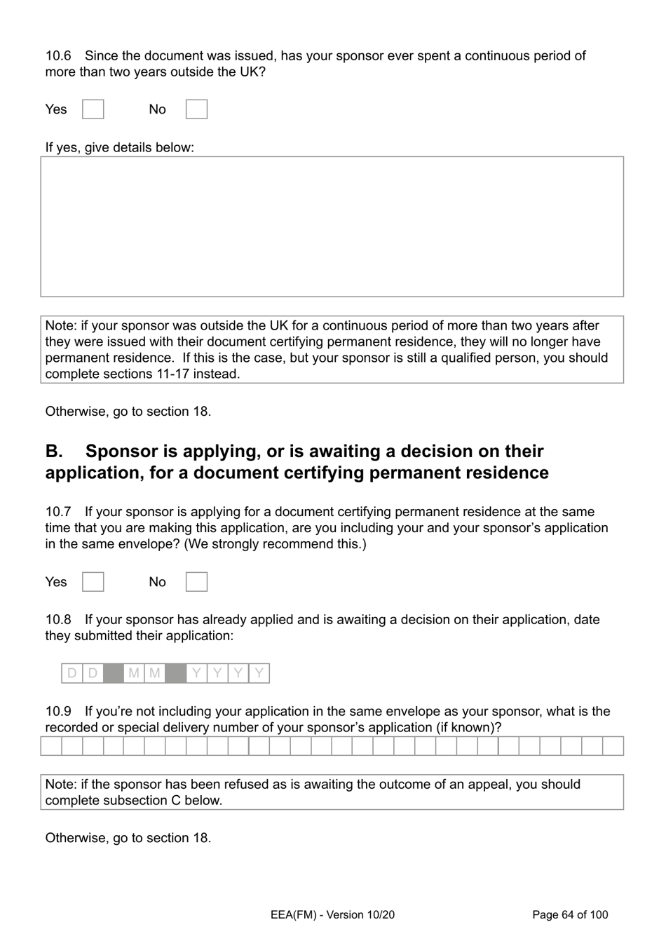 Form EEA(FM) Application for a Registration Certificate or Residence Card as the Family Member of a European Economic Area (Eea) or Swiss National - United Kingdom, Page 64