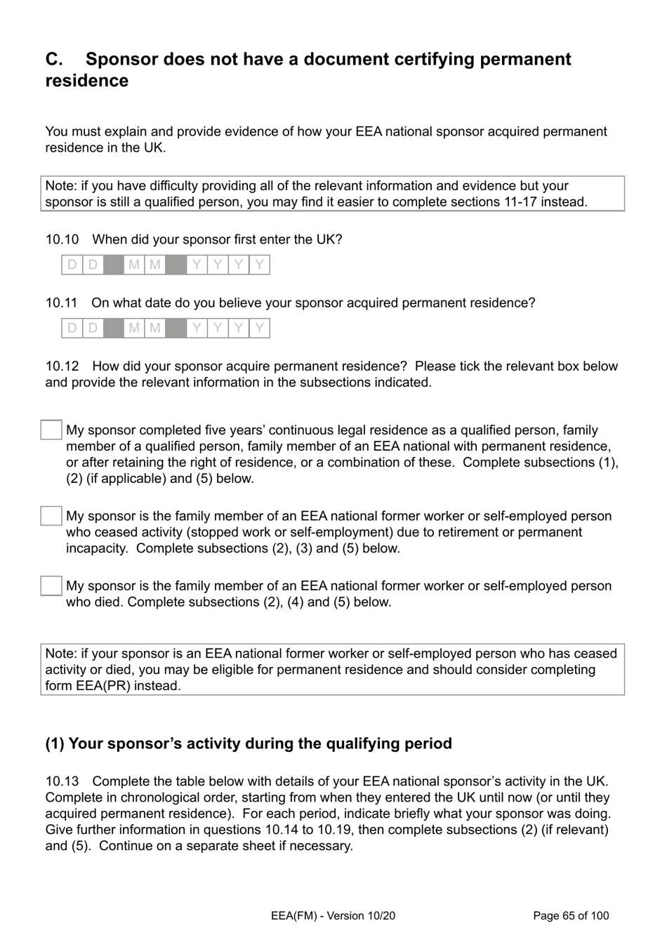 Form EEA(FM) Application for a Registration Certificate or Residence Card as the Family Member of a European Economic Area (Eea) or Swiss National - United Kingdom, Page 65