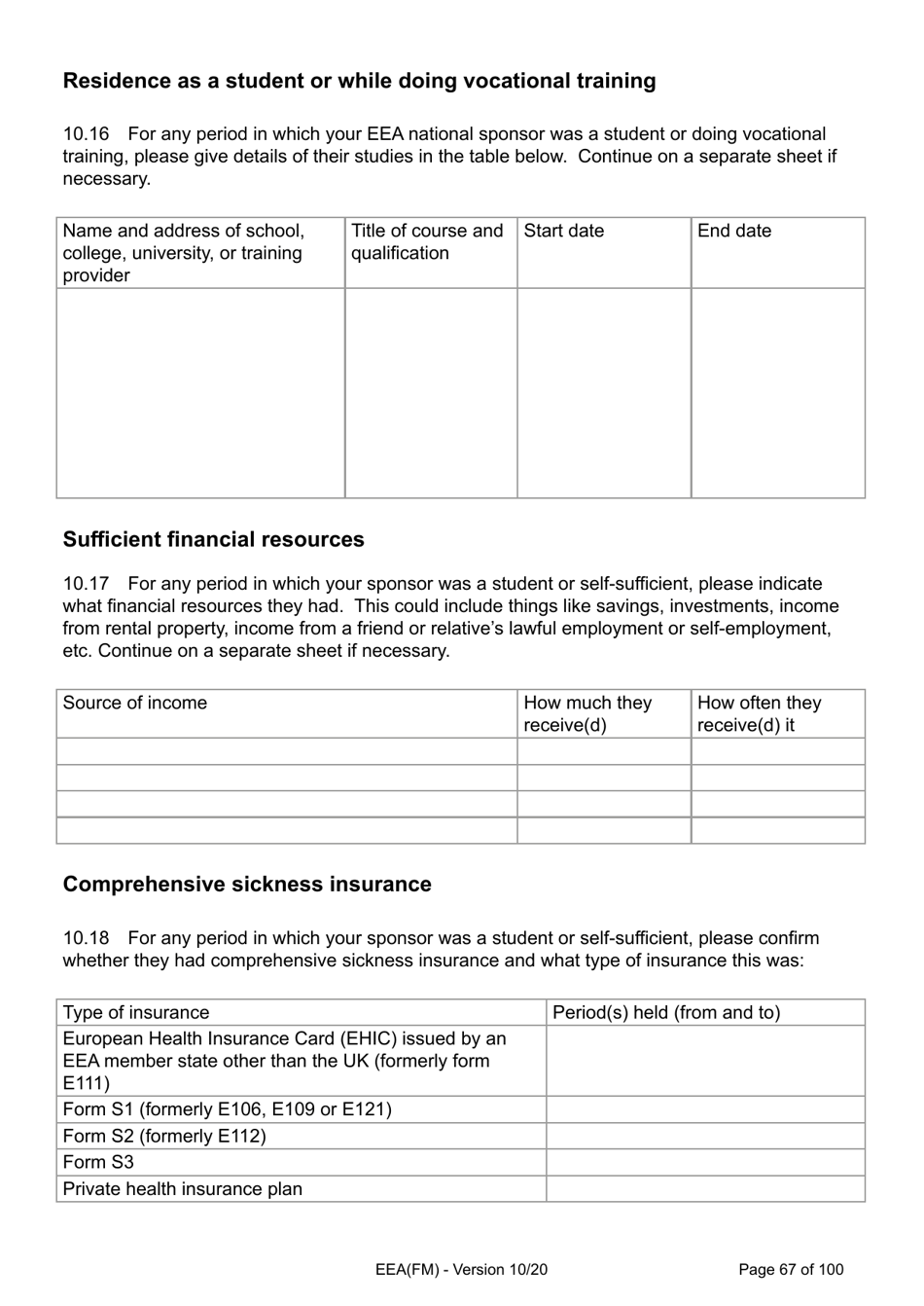 Form EEA(FM) Application for a Registration Certificate or Residence Card as the Family Member of a European Economic Area (Eea) or Swiss National - United Kingdom, Page 67