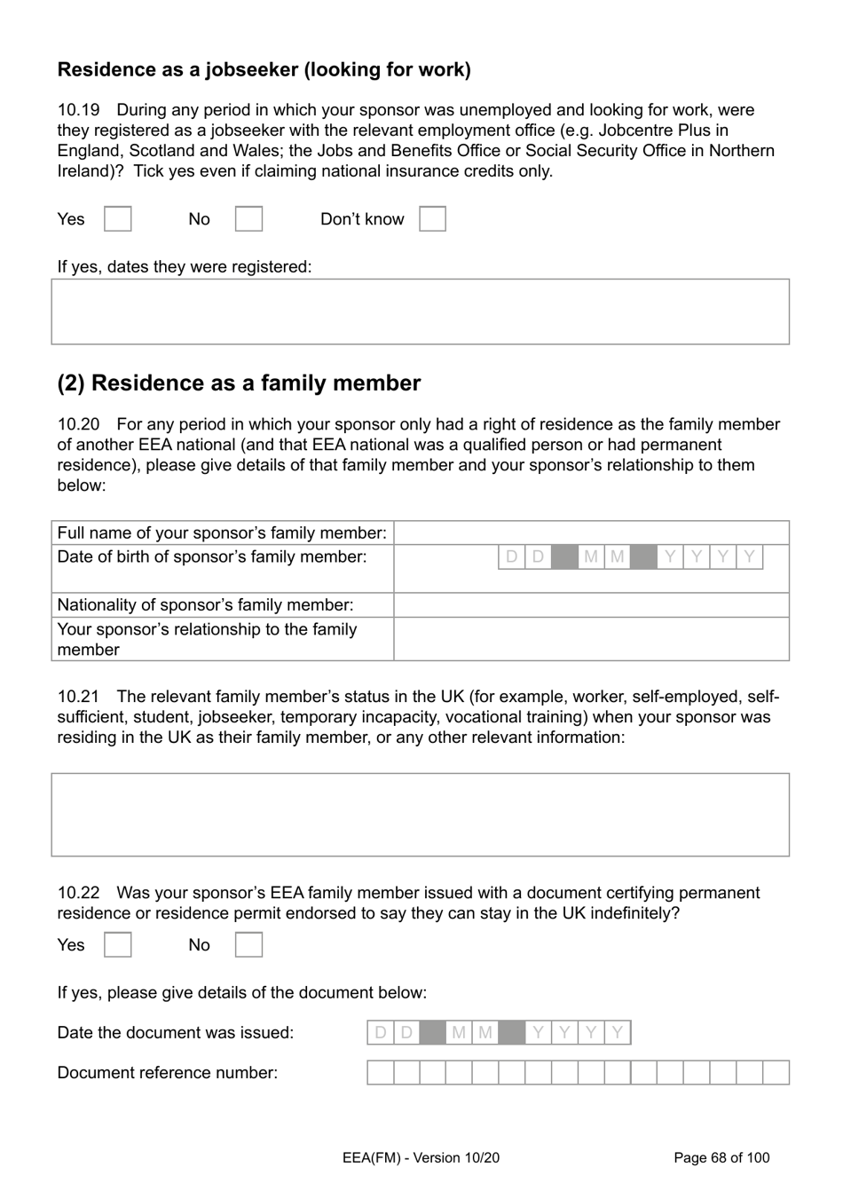 Form EEA(FM) Application for a Registration Certificate or Residence Card as the Family Member of a European Economic Area (Eea) or Swiss National - United Kingdom, Page 68