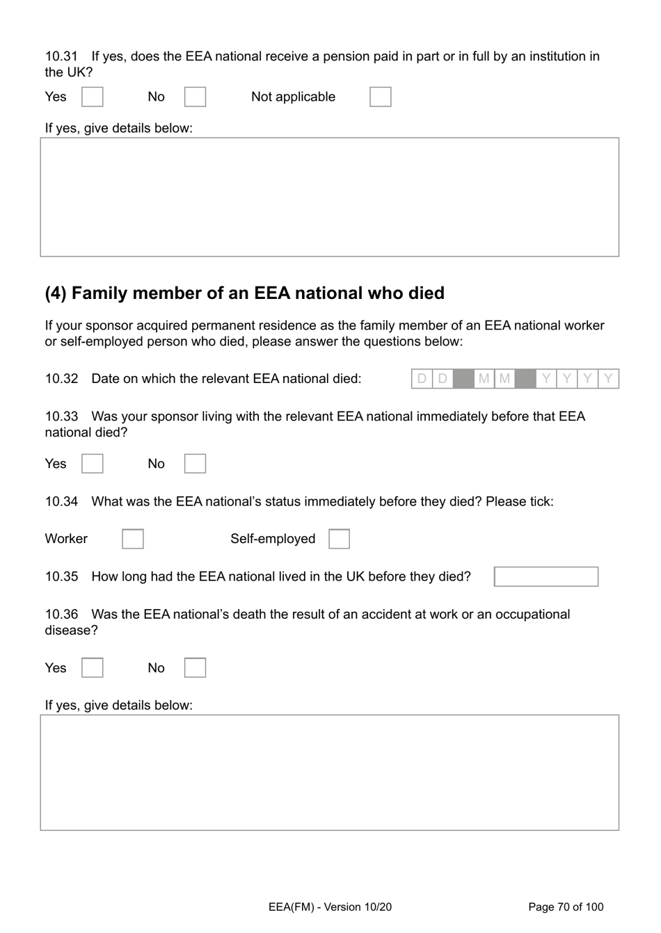 Form EEA(FM) Application for a Registration Certificate or Residence Card as the Family Member of a European Economic Area (Eea) or Swiss National - United Kingdom, Page 70