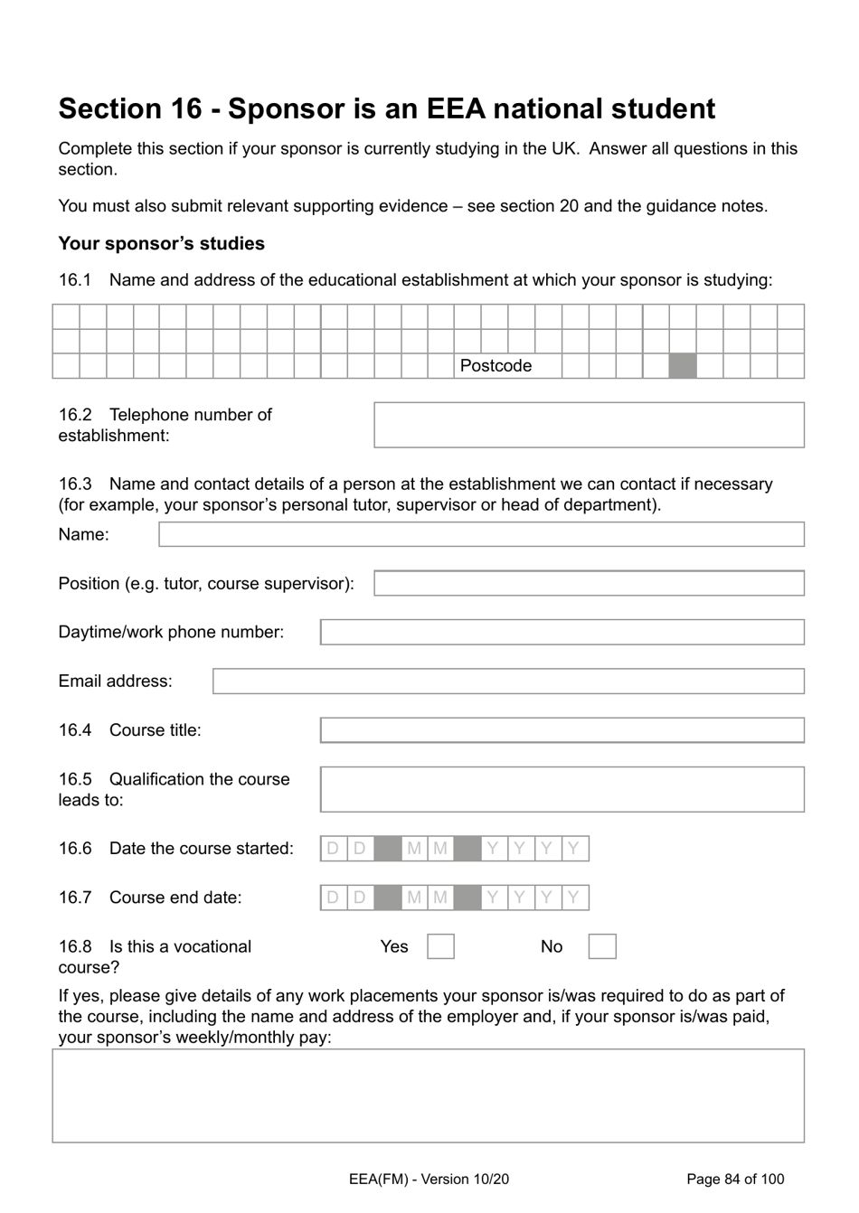 Form EEA(FM) Application for a Registration Certificate or Residence Card as the Family Member of a European Economic Area (Eea) or Swiss National - United Kingdom, Page 84