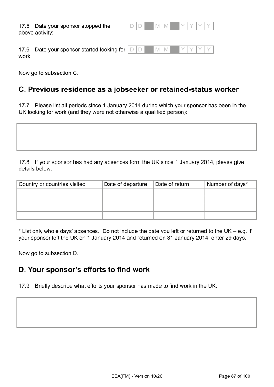 Form EEA(FM) Application for a Registration Certificate or Residence Card as the Family Member of a European Economic Area (Eea) or Swiss National - United Kingdom, Page 87