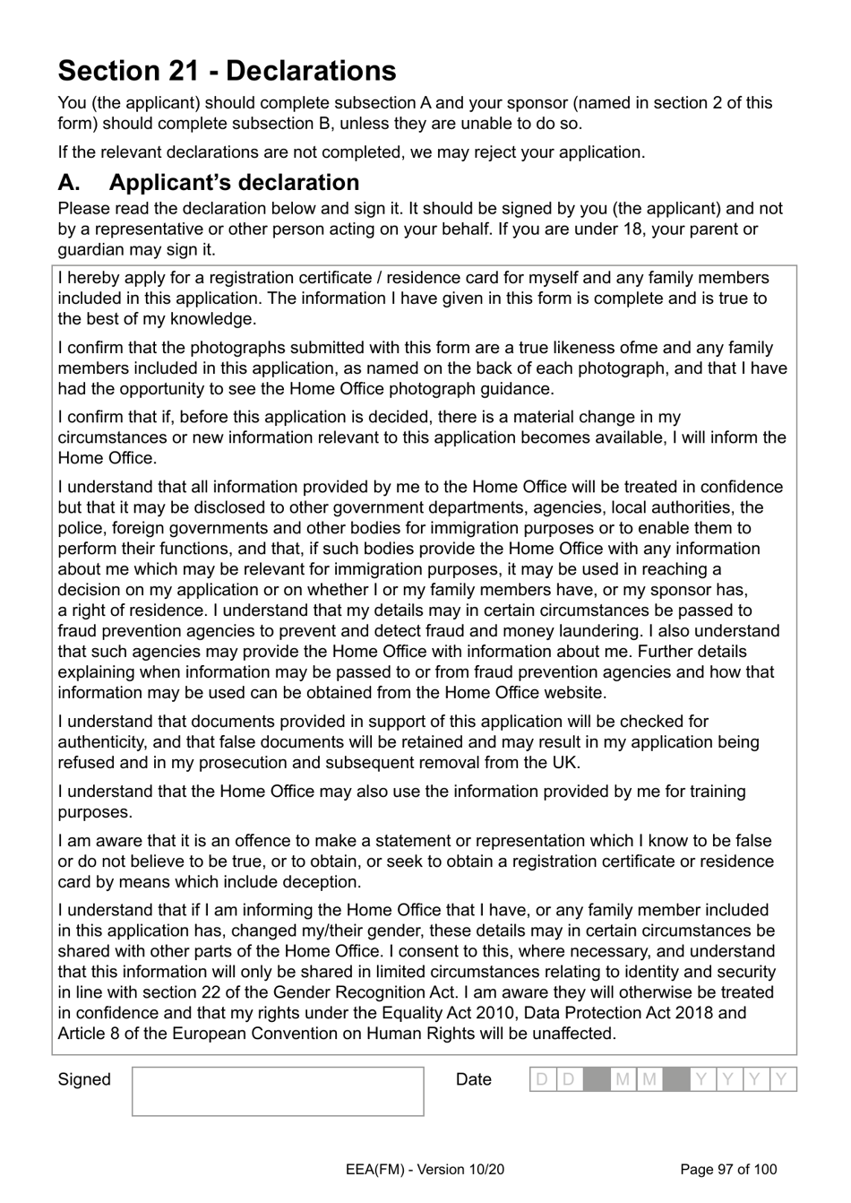 Form EEA(FM) Application for a Registration Certificate or Residence Card as the Family Member of a European Economic Area (Eea) or Swiss National - United Kingdom, Page 97