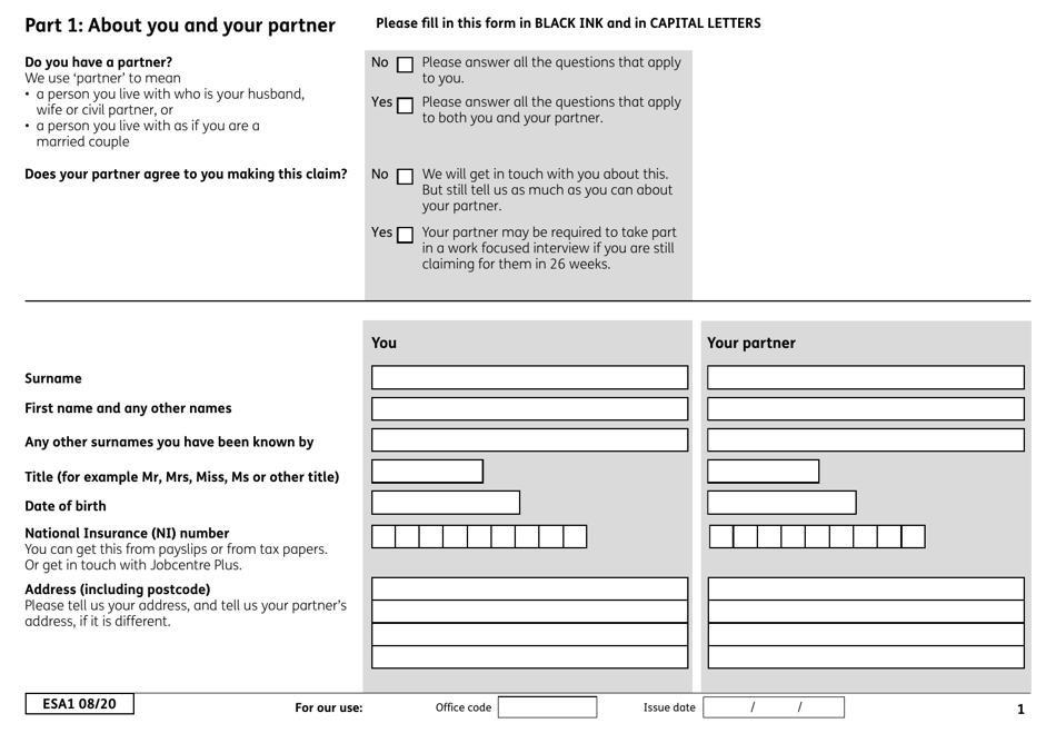 Form ESA1 Employment and Support Allowance - United Kingdom, Page 9