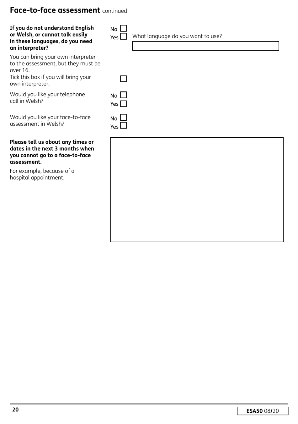 Form ESA50 Capability for Work Questionnaire - United Kingdom, Page 21