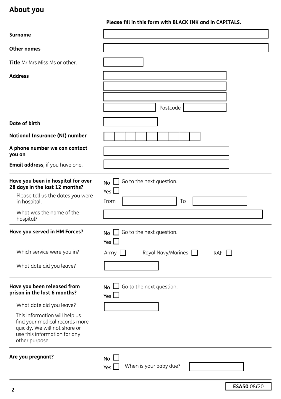 Form ESA50 Capability for Work Questionnaire - United Kingdom, Page 3