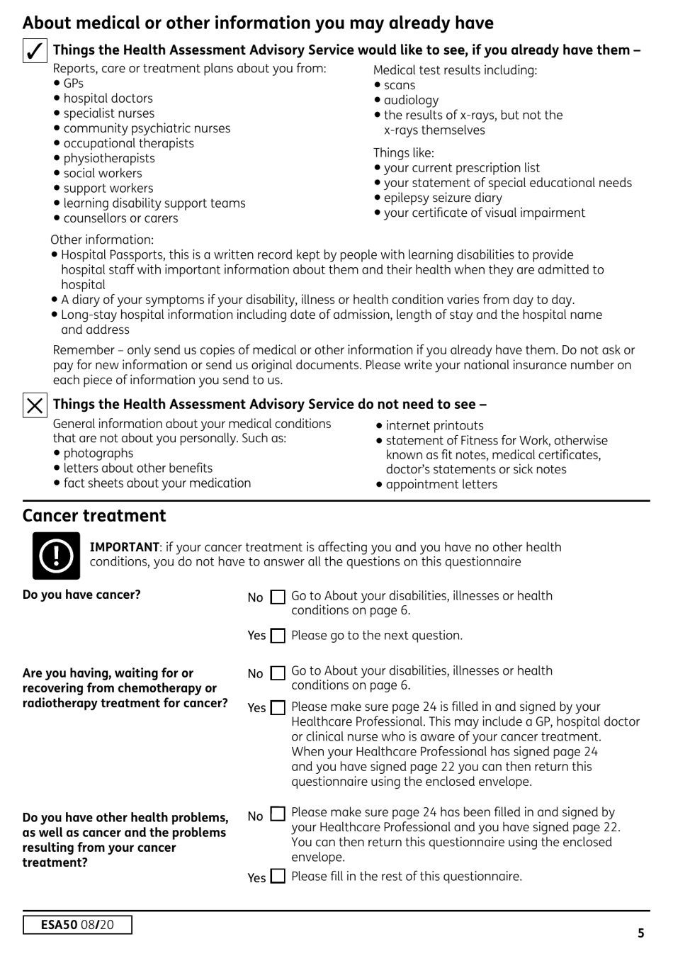Form ESA50 Capability for Work Questionnaire - United Kingdom, Page 6