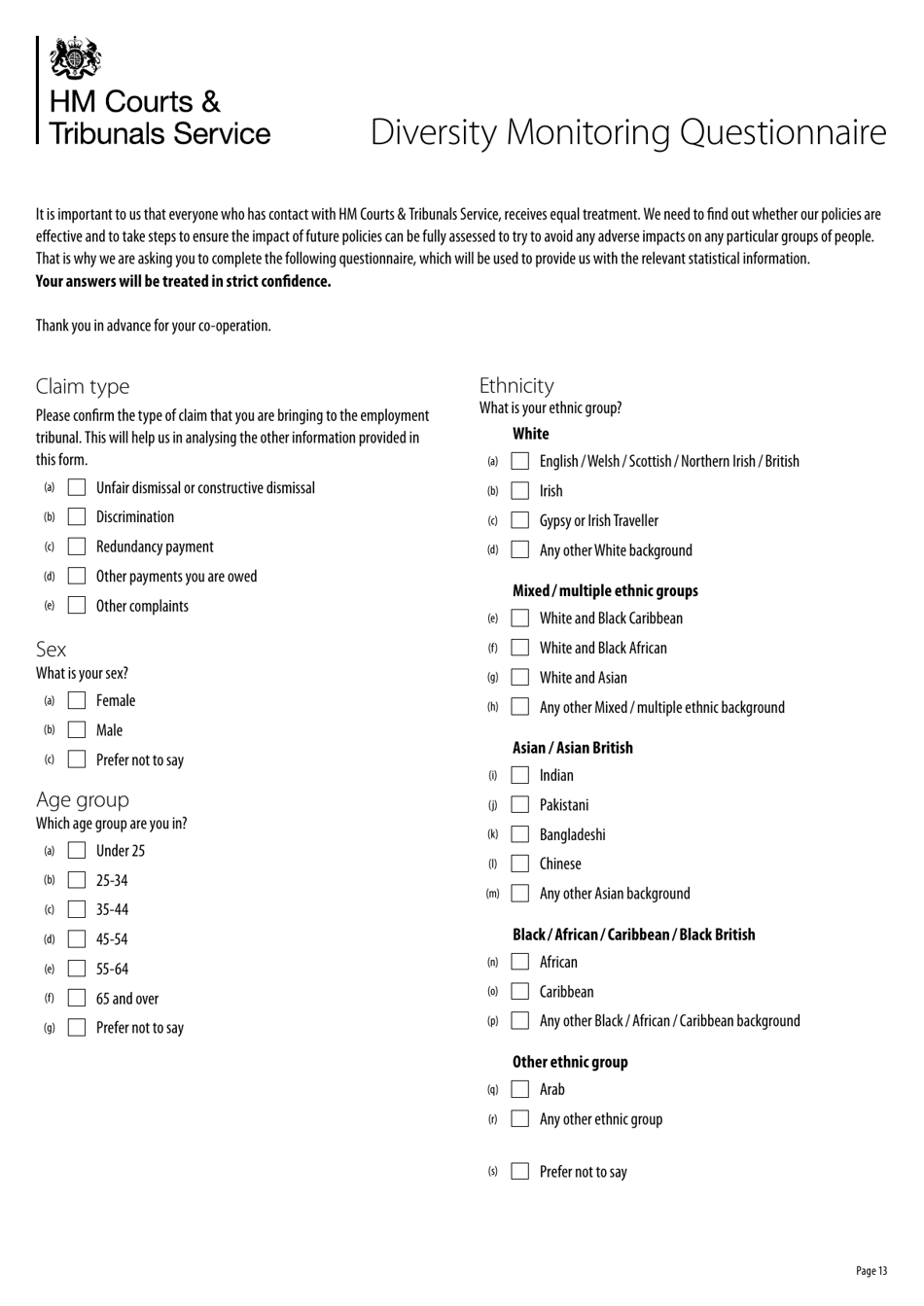 Form ET1 Employment Tribunal Claim Form for Single Claimants - United Kingdom, Page 13