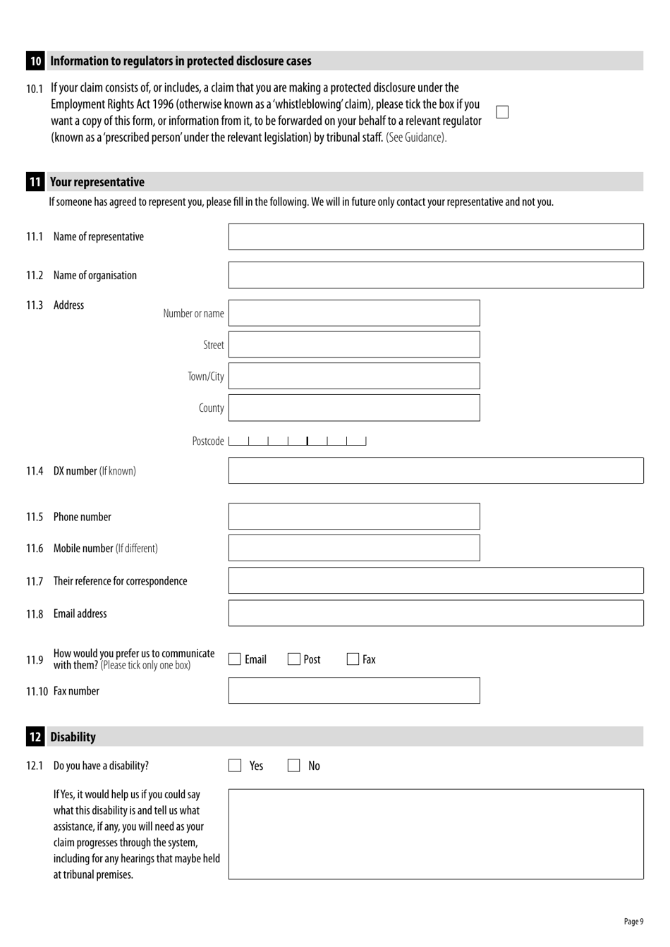 Form ET1 Employment Tribunal Claim Form for Single Claimants - United Kingdom, Page 9