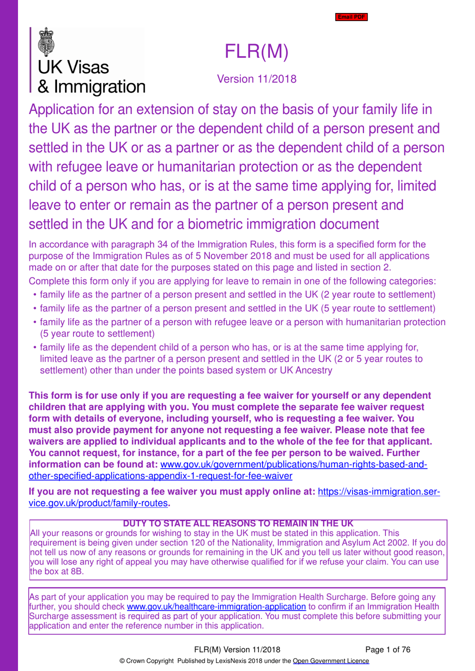 Form FLR(M) Extend Your Stay in the UK as a Partner or Dependent Child - United Kingdom, Page 1