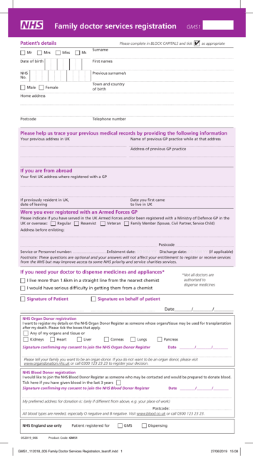 Form GMS1 Family Doctor Services Registration - United Kingdom