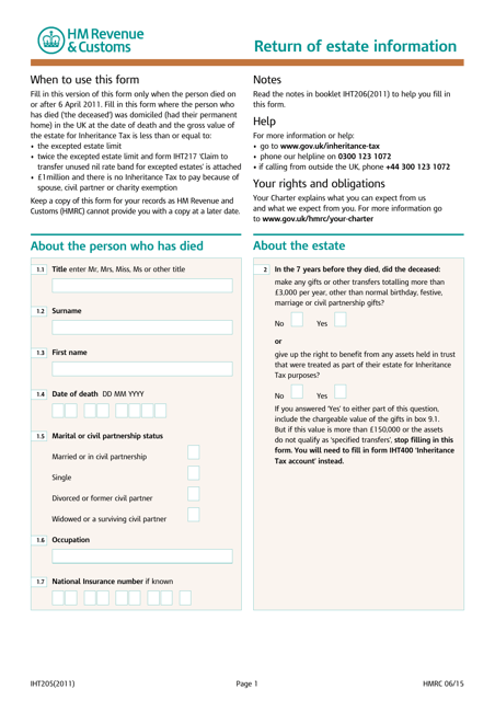 Form IHT205 Return of Estate Information - United Kingdom