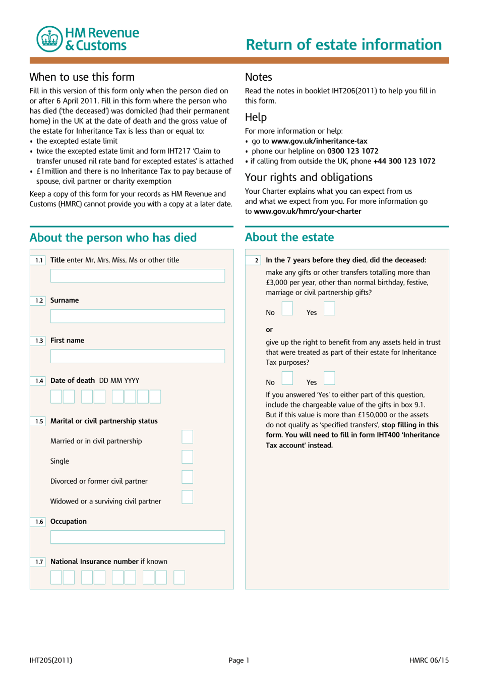 Form IHT205 Return of Estate Information - United Kingdom, Page 1