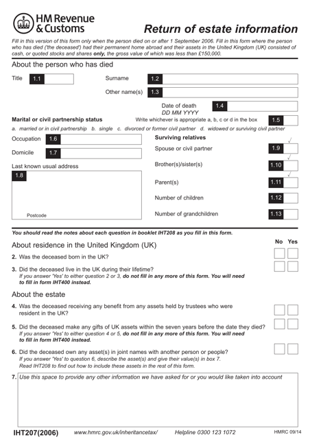 Form IHT207  Printable Pdf