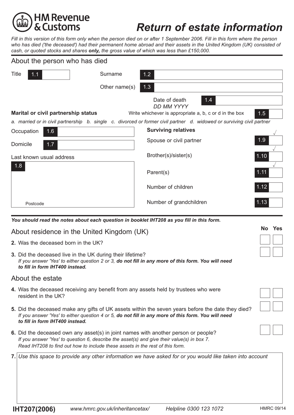 Form IHT207 Return of Estate Information - United Kingdom, Page 1