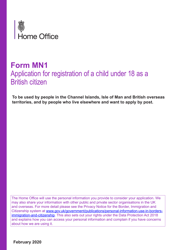 Form MN1 Application for Registration of a Child Under 18 as a British Citizen - United Kingdom