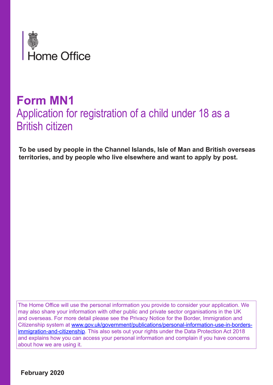 Form MN1 Application for Registration of a Child Under 18 as a British Citizen - United Kingdom, Page 1