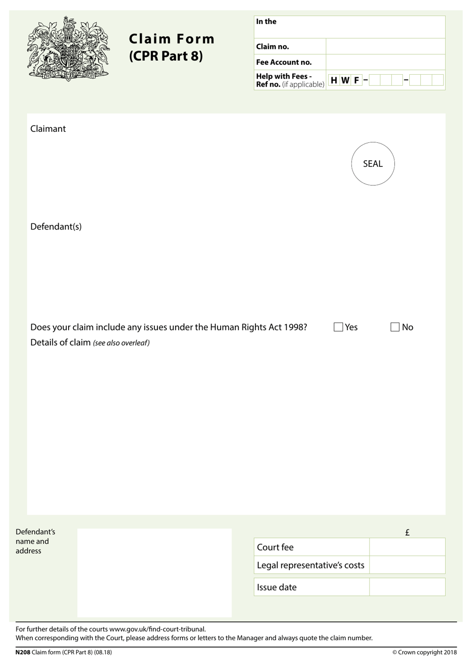 Form N208 Claim Form (Cpr Part 8) - United Kingdom, Page 1