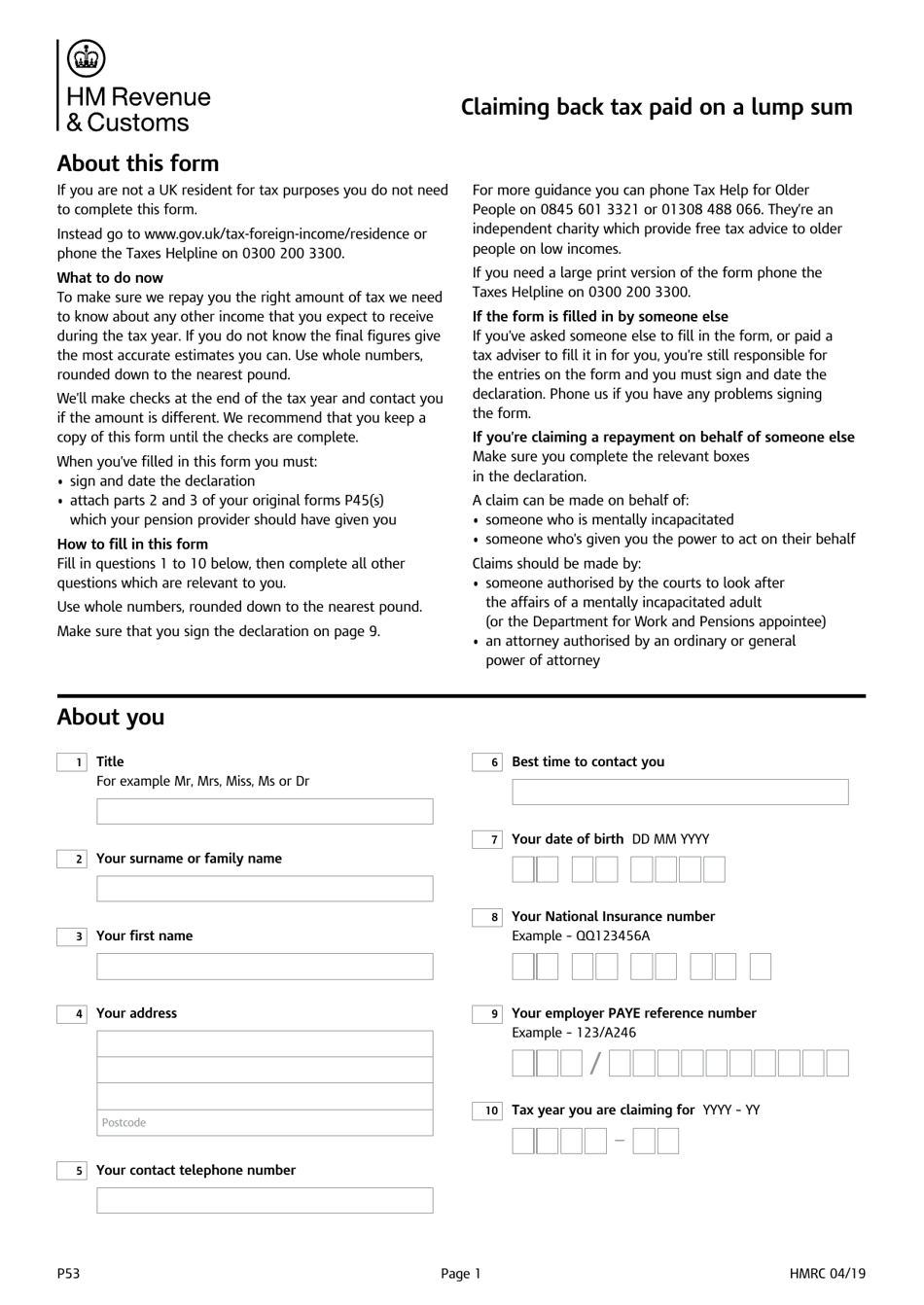 Form P53 Claiming Back Tax Paid on a Lump Sum - United Kingdom, Page 1