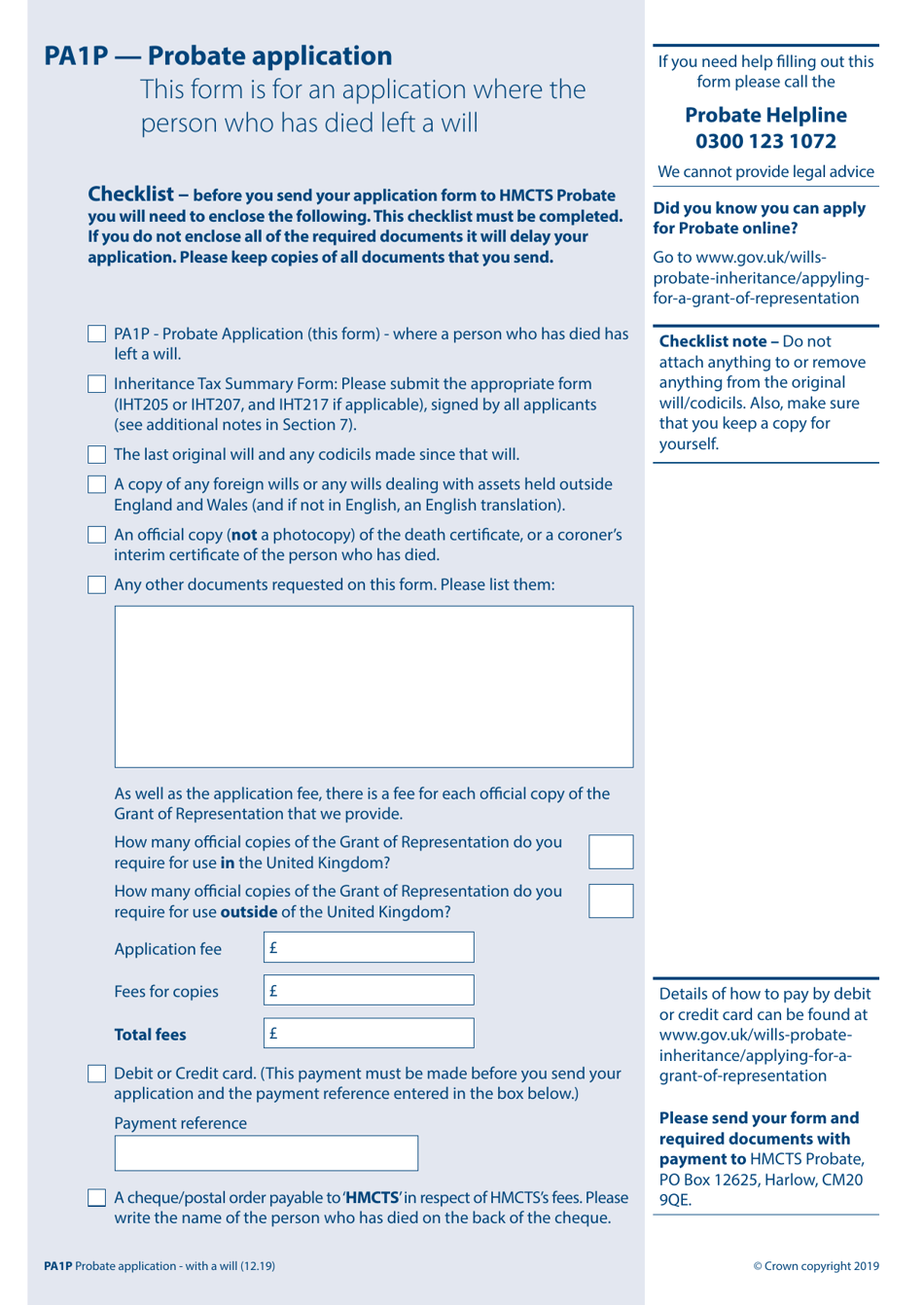 Form PA1P Probate Application (The Person Left a Will) - for Citizen Applicants Only - United Kingdom, Page 1