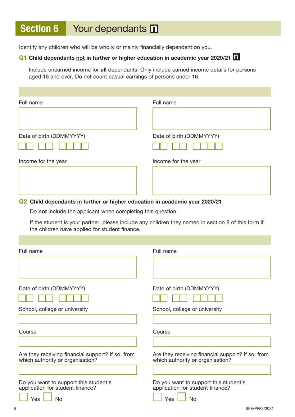Form PFF2 Assessment of Financial Circumstances for Parents and Partners of Students - United Kingdom, Page 8