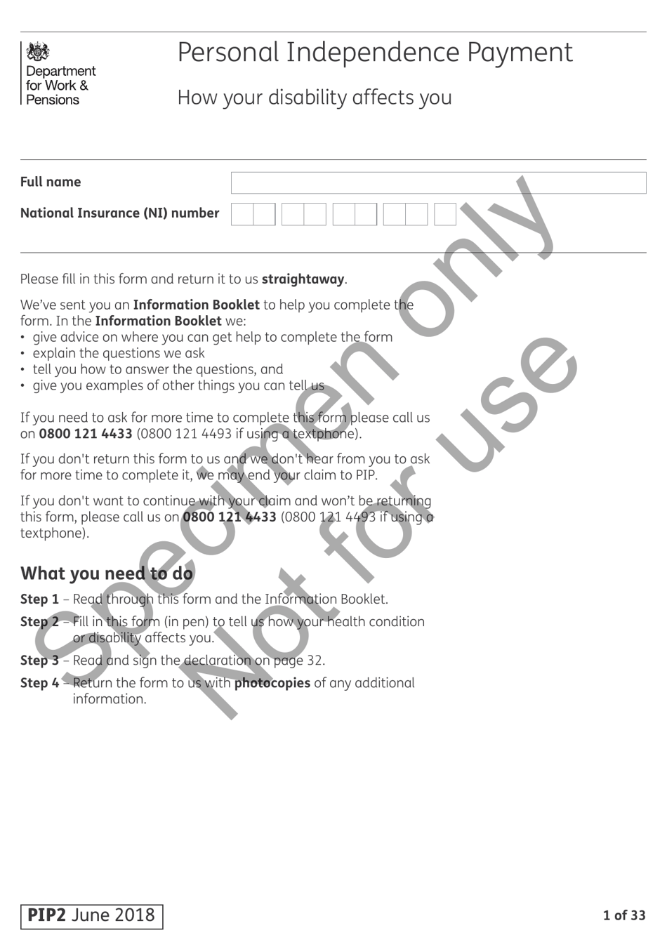 Form PIP2 Download Printable PDF Or Fill Online Personal Independence 