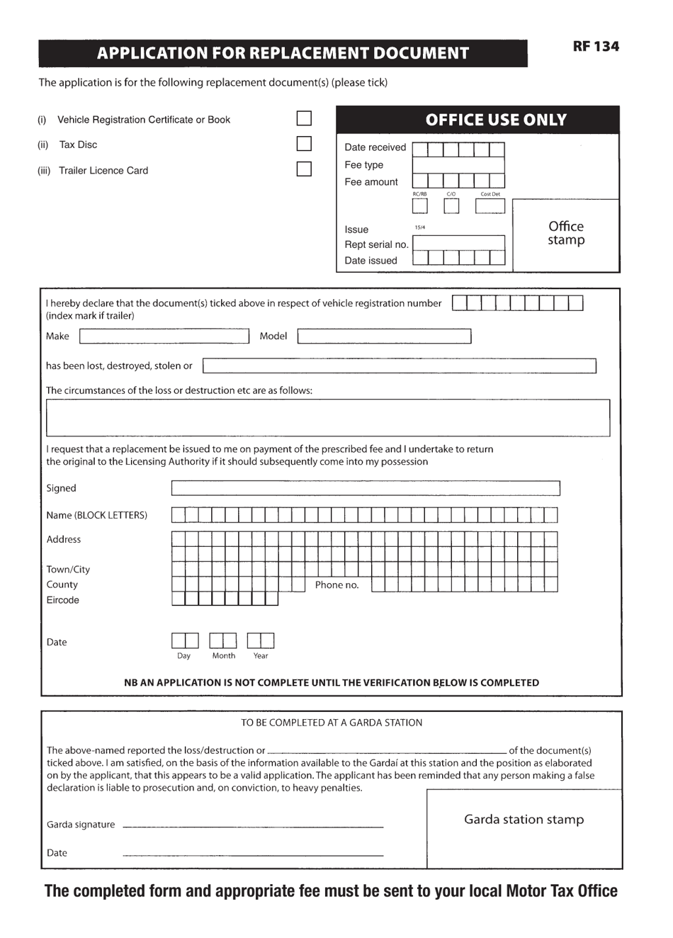 Form RF134 Application for Replacement Documents - Ireland, Page 1
