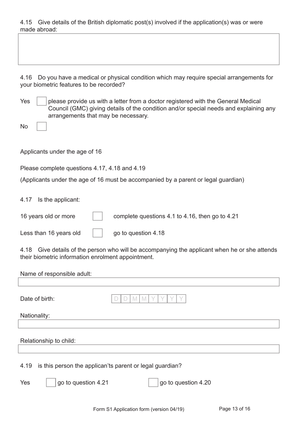 Form S1 Application for Registration as a British Citizen, a British Overseas Territories Citizen, or a British Overseas Citizen - United Kingdom, Page 13