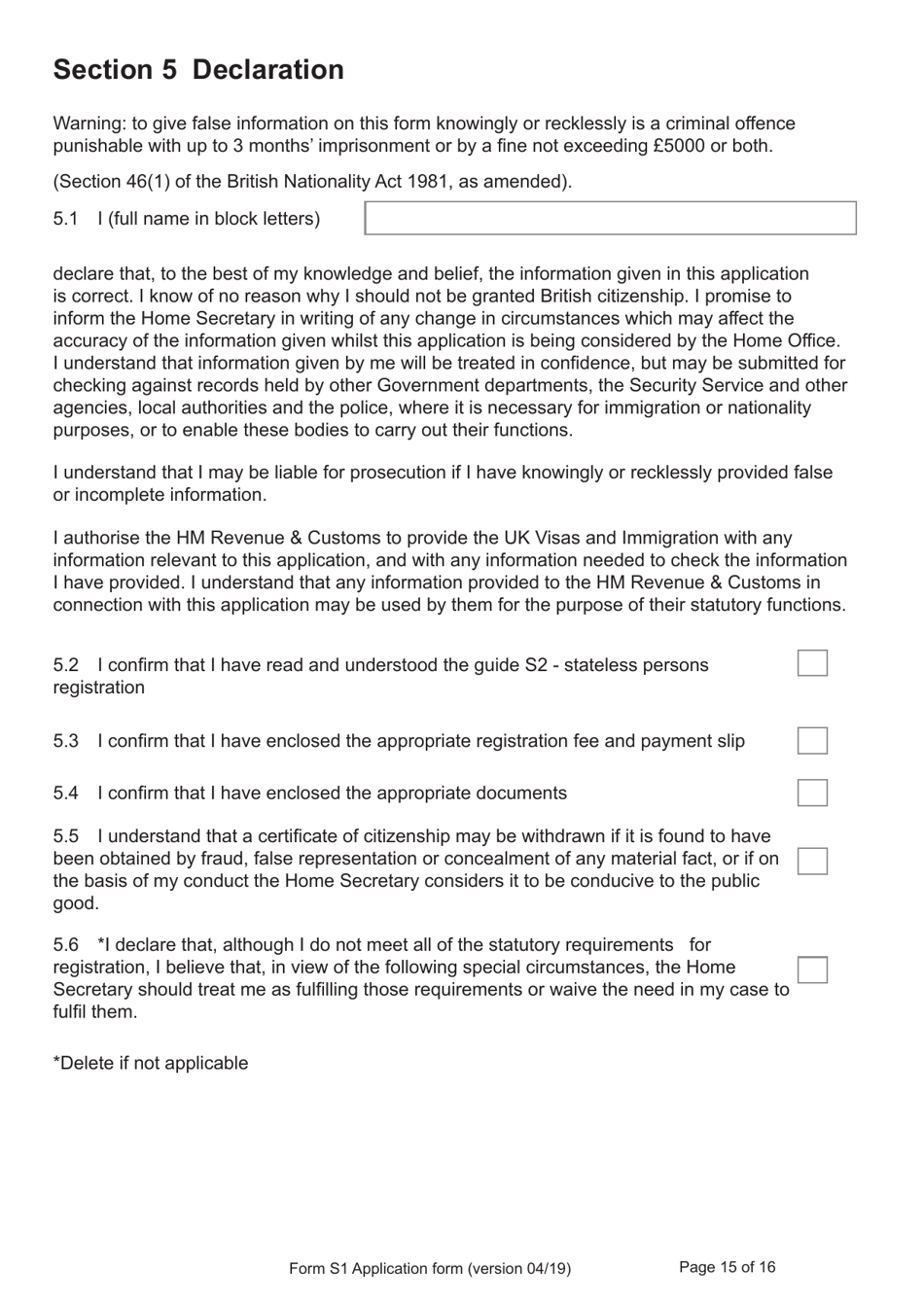 Form S1 Application for Registration as a British Citizen, a British Overseas Territories Citizen, or a British Overseas Citizen - United Kingdom, Page 15