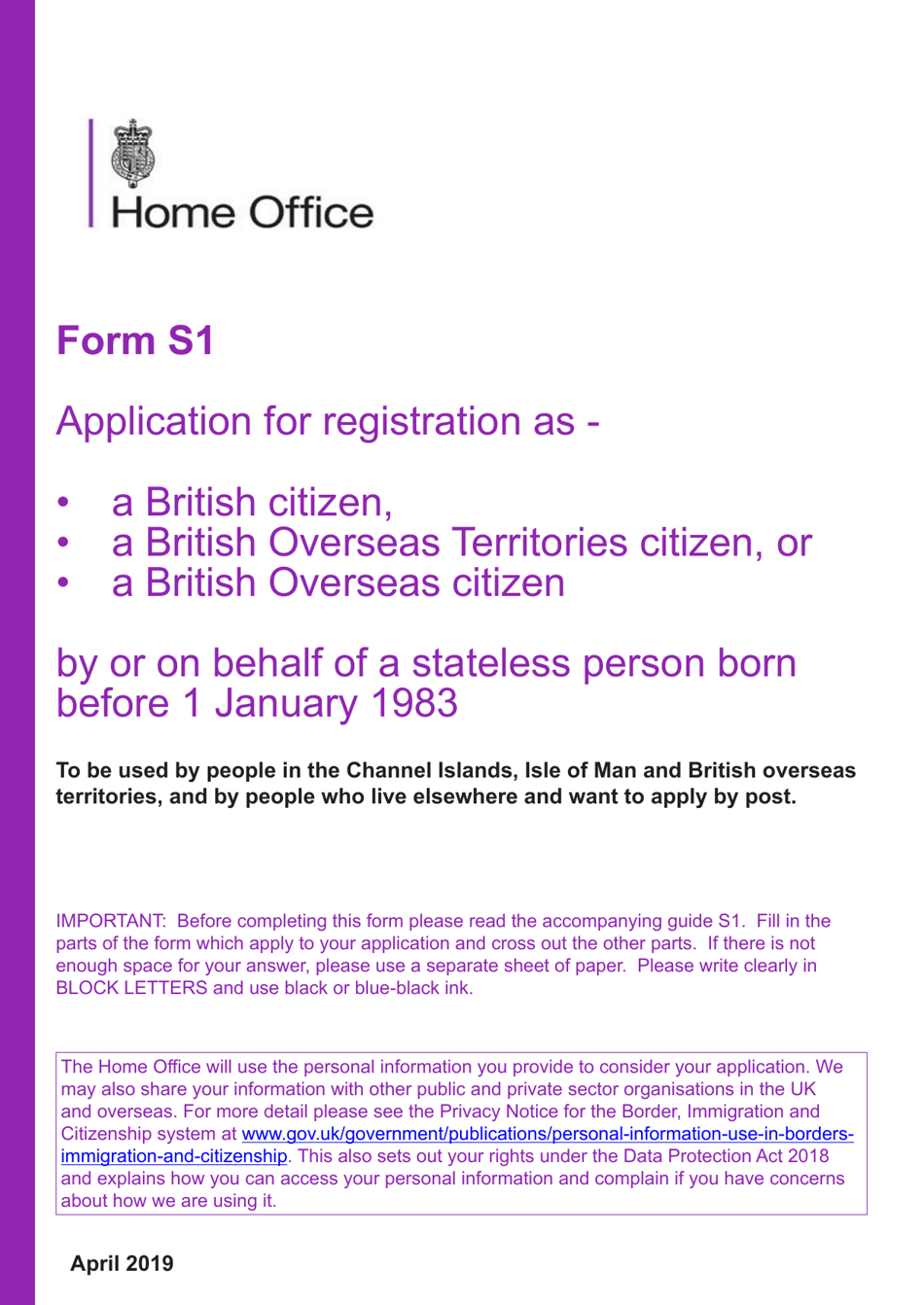 Form S1 Application for Registration as a British Citizen, a British Overseas Territories Citizen, or a British Overseas Citizen - United Kingdom, Page 1