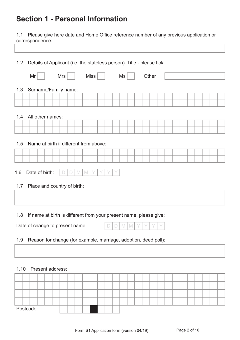 Form S1 Application for Registration as a British Citizen, a British Overseas Territories Citizen, or a British Overseas Citizen - United Kingdom, Page 2