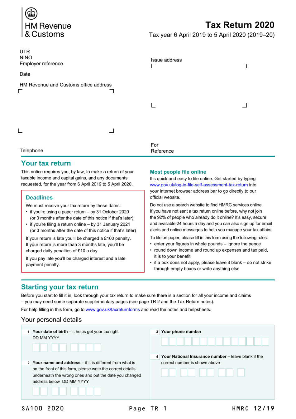 Form SA100 - 2020 - Fill Out, Sign Online and Download Fillable PDF ...