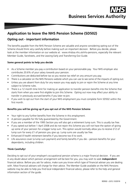 Form SD502 Application to Leave the Nhs Pension Scheme - United Kingdom