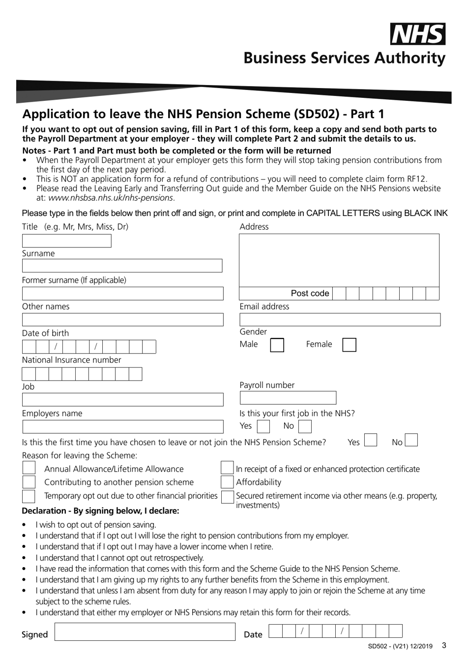 Form SD502 Application to Leave the Nhs Pension Scheme - United Kingdom, Page 3