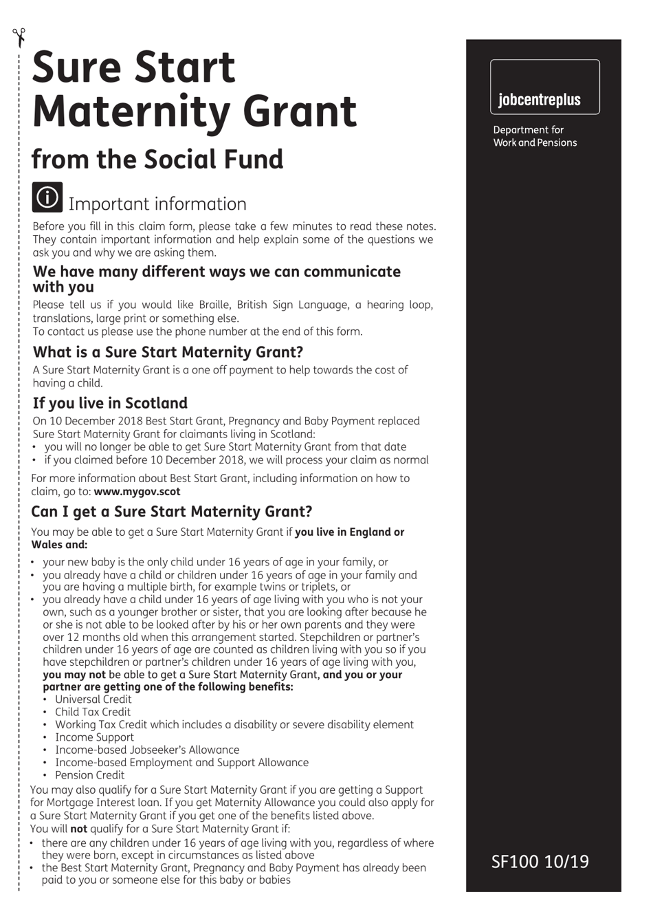 Form SF100 Sure Start Maternity Grant From the Social Fund - United Kingdom, Page 1